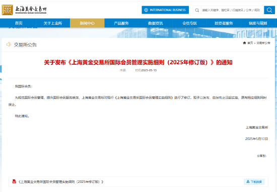 上海黄金交易所发布《上海黄金交易所国际会员管理实施细则（2025年修订版）》。